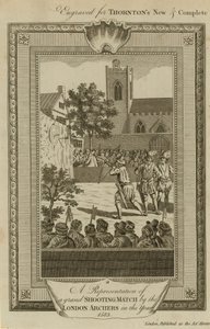 Reprezentacja wielkiej strzelaniny przez łuczników londyńskich w 1583 r. autorstwa English School