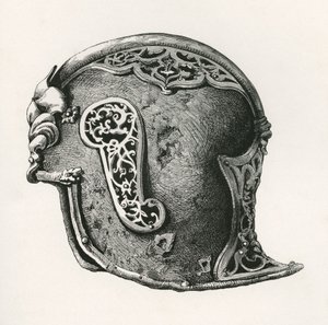 Sallet, znany również jako salade lub schaller wojenny hełm, AD 1450, z The British Army: Its Origins, Progress and Equipment, opublikowany w 1868 r. autorstwa English School