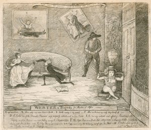 Scena z burleski F Reynoldss Werter, po raz pierwszy wystawiona w Covent Garden Theatre w Londynie, 14 marca 1786 autorstwa English School