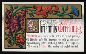 Wiersz z kwiatowym wzorem przewijania, kartka z życzeniami świątecznymi. (chromolit) autorstwa English School