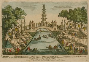 Widok na most chiński i pagodę w parku św. Jakuba z namiotami na uroczystym festynie ku czci pokoju, 1 sierpnia 1814 r. autorstwa English School