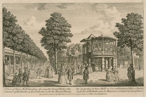 Widok na Vauxhall Gardens w Londynie, pokazujący wielki spacer przy wejściu do Ogrodu i Orkiestrę z odtwarzaną muzyką autorstwa English School