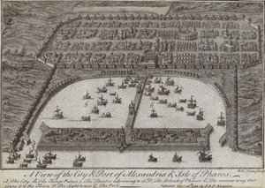 Widok na miasto i port Aleksandrii oraz wyspę Faros, Egipt, 1738 autorstwa English School