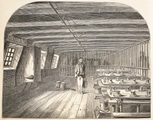 Oddział na pokładzie Hulk Obrony zorganizował powrót skazanych na obiad, ilustracja z The Criminal Prisons of London i Scenes from Prison Life Henry