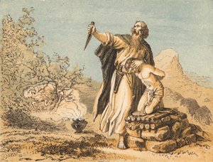 Abraham ofiarowujący Izaaka (kolorowy grawerunek) autorstwa English School
