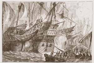 Akcja między flotą hiszpańską a statkami żebraków morskich, ilustracja z Historii protestantyzmu Jamesa Aitkena Wylie (1808-1890), wyd. 1878 autorstwa English School