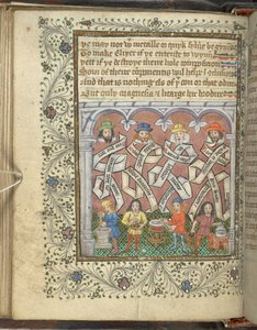 Dodaj 10302 fol.32v Alchemicy Geber (800 lub 900 ne), Arnold z Villanova, Rhasis i Hermes Trismegistus, z „Porządku alchemii” Thomasa Nortona, c.1477 (wellum) autorstwa English School