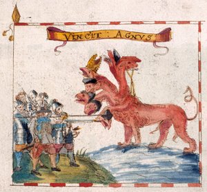 Dodać. 12447, f.23v Żołnierze parlamentarni atakujący bestię Apokalipsy, z „Sztandary dowódców parlamentarnych” (pióro i atrament z akwarelą na papierze) autorstwa English School