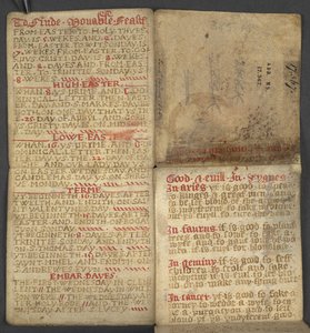 Dodać. 17367, f.1r z Almanachu, zawierający tablicę liter dominikalnych i złotych cyfr; wskazówki, jak znaleźć ruchome święta; kalendarz świętych, epoki, spis suwerenów angielskich, prognozy pogody, wpływ znaków zodiaku (vellu autorstwa English School