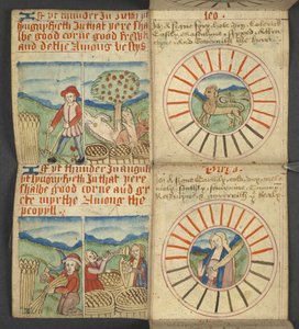 Dodać. 17367, f.6r Leo & Virgo, z Almanachu, zawierający tablicę liter dominikalnych i złotych cyfr; wskazówki, jak znaleźć ruchome święta; kalendarz świętych, epoki, spis suwerenów angielskich, prognozy pogody, wpływ znaków autorstwa English School