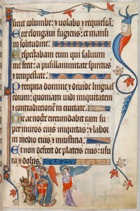 Dodać. 42130, f.101, Psalm 54, Archaniołowie walczący z diabłem, z Psałterza Luttrella, c.1325-35 (welum) autorstwa English School