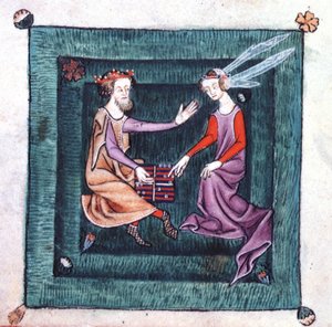 Dodaj 42130 fol.76v Król i Dama siedzący w ogrodzie, grający w grę planszową przypominającą tryktrak, z psałterza Luttrell, rozpoczętą przed 1340 r. dla Sir Geoffreya Luttrell (wellum) autorstwa English School