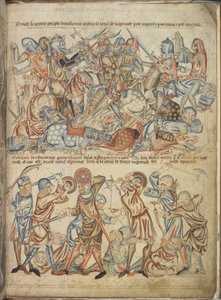 Dodaj 47682 f.40 Rówieśnicy i zwykli ludzie walczący w bitwie pod Bannockburn, z „Biblii Holkham”, ok. 1320–30 (welin) autorstwa English School