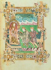 Dodaj 49598 f.24b Adoracja Trzech Króli, z Błogosławieństwa św. Aethelwolda, Winchester, ok. 980 (welum) autorstwa English School