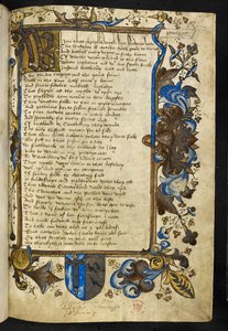 Dodać. 5140 f.2 Inicjał „W”, prolog do „Opowieści kanterberyjskich” Geoffreya Chaucera, ok. 1500 (tusz i kolor na welinie) autorstwa English School
