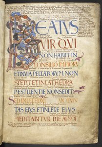 Dodaj MS 37517, fa. 4r, Beatus-inicjał (Beatus vir), rozpoczynający Księgę Psalmów od „Psałterza Boswortha” (welum) autorstwa English School