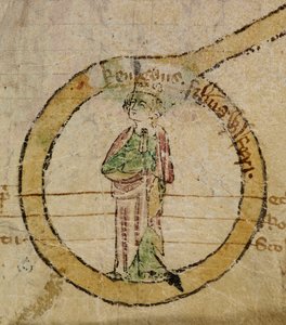 Dodaj papiery MS 47170 EGMONT. Tom. CCLI „[A] zwój napisany po łacinie i francusku z królami Anglii przedstawionymi po obu stronach przez brata Waltera de Witteliseye, mnicha z klasztoru Burgo San Pietro. Niech Bóg zmiłuje się nad jego duszą. Amen