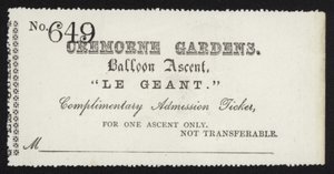 Bilet wstępu na wzlot balonu Le Geant z Cremorne Gardens w Londynie autorstwa English School