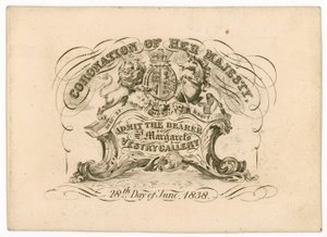 Bilet wstępu do St Margarets Vestry Gallery na koronację królowej Wiktorii, 28 czerwca 1838, od frontu autorstwa English School