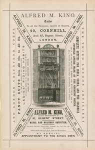 Ogłoszenie Alfreda M Kino, krawca, 40 Cornhill i 87 Regent Street, Londyn autorstwa English School