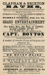 Ogłoszenie Clapham and Brixton Baths, Ferndale Road, Shepherds Lane, Brixton, Londyn; z udziałem kapitana Boytona autorstwa English School