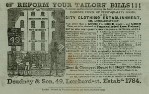 Ogłoszenie Doudney & Son, miejskiego zakładu odzieżowego, 49 Lombard Street, Londyn autorstwa English School