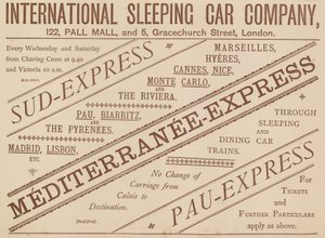 Ogłoszenie International Sleeping Car Company, 122 Pall Mall i 5 Graceshurch Street, 1888 autorstwa English School
