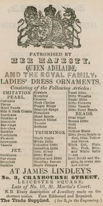 Ogłoszenie Jamesa Lindleysa, 3 Cranbourne Street, Leicester Square, Londyn autorstwa English School