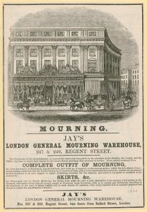 Ogłoszenie dla Jays, London General Mourning Warehouse, 247 & 249 Regent Street, Londyn autorstwa English School