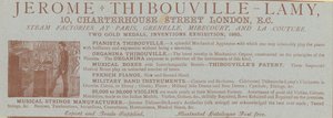Ogłoszenie Jerome Thibouville-Lamy, 10 Charterhouse Street, Londyn, producent instrumentów autorstwa English School