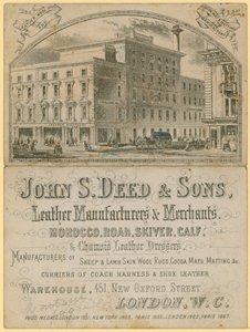 Ogłoszenie firmy John S Deed & Sons, producentów i sprzedawców wyrobów skórzanych, 451 New Oxford Street, Londyn autorstwa English School