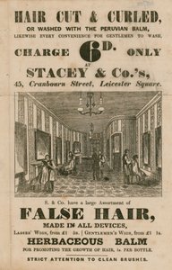 Ogłoszenie firmy Stacey & Co.s, 45 Cranbourne Street, Leicester Square, Londyn, salony fryzjerskie autorstwa English School