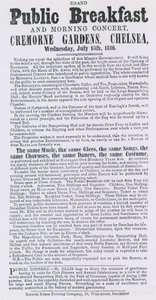 Ogłoszenie o wielkim publicznym śniadaniu i porannym koncercie, Cremorne Gardens, Chelsea autorstwa English School