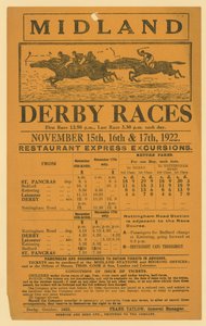 Ogłoszenie wycieczki koleją na wyścigi Midland Derby Races, 15-17 listopada 1922 r. autorstwa English School