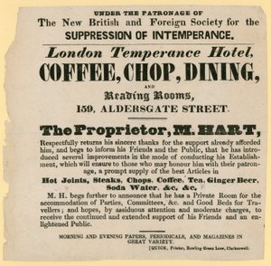 Reklama londyńskiego hotelu Temperance pod patronatem New British and Foreign Society for the Suppression of Intemperance autorstwa English School