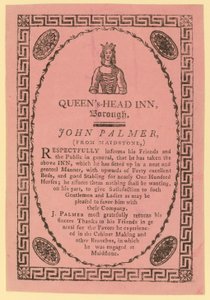 Reklama dla Queens Head Inn, Borough, Londyn autorstwa English School