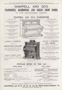 Reklama sal koncertowych Pianoforte, Harmonium i Organ Show Room firmy Chappell and Co (grawerowanie) autorstwa English School