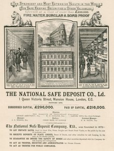 Reklama dla The National Safe Deposit Company, 1 Queen Victoria Street, Mansion House, Londyn autorstwa English School