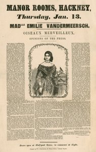 Reklama dotycząca występu Mademoiselle Emile Vandermeersch, Oiseaux Merveilleux w Manor Rooms, Hackney, Londyn autorstwa English School