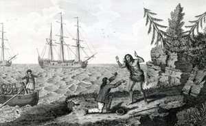 Atakujący wywiad dwóch Mokito Men, ilustracja zaczerpnięta z Moores Voyages and Travels, 1778 autorstwa English School