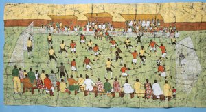 Afrykański batik ilustrujący mecz piłki nożnej z tłumami obserwującymi na trybunach (tekstylny) autorstwa English School