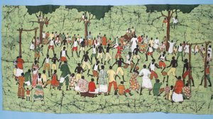 Afrykański batik, ilustrowanie i mecz piłki nożnej z widzami (materiał tekstylny)