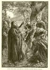 Alfred Wielki, przebrany za harfiarza, grający przed Guthrum autorstwa English School
