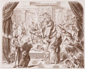 Alegoryczny obraz Henryka VIII depczącego papieża Klemensa, ze starodruku w British Museum autorstwa English School