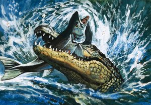 Aligator jedzący ryby autorstwa English School