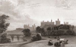 Zamek Alnwick, Alnwick, Northumberland, Anglia, na początku XIX wieku. Używany jako lokacja w filmach o Harrym Potterze. Z galerii portretów i pejzaży Churtona, opublikowanej w 1836 r. autorstwa English School