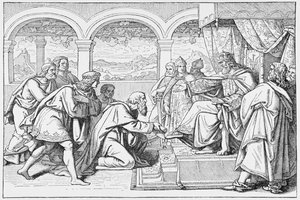 Ambasadorzy Haroun al Raschid (ok. 766-809) przed Karolem Wielkim (768-814), z Historii Francji, Emile de Bonnechose, wydanej przez Ward, Lock and Co, Londyn autorstwa English School