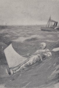 Amerykański poszukiwacz przygód Paul Boyton przekraczający kanał La Manche w gumowym garniturze autorstwa English School