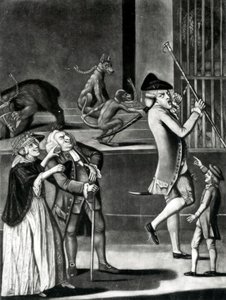 Wystawa dzikich zwierząt lub makaronów w opałach, 1774 (mezzotinta) autorstwa English School
