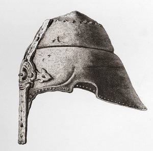 Hełm nosowy z początku XII wieku, z The British Army: Its Origins, Progress and Equipment , opublikowany w 1868 r. autorstwa English School